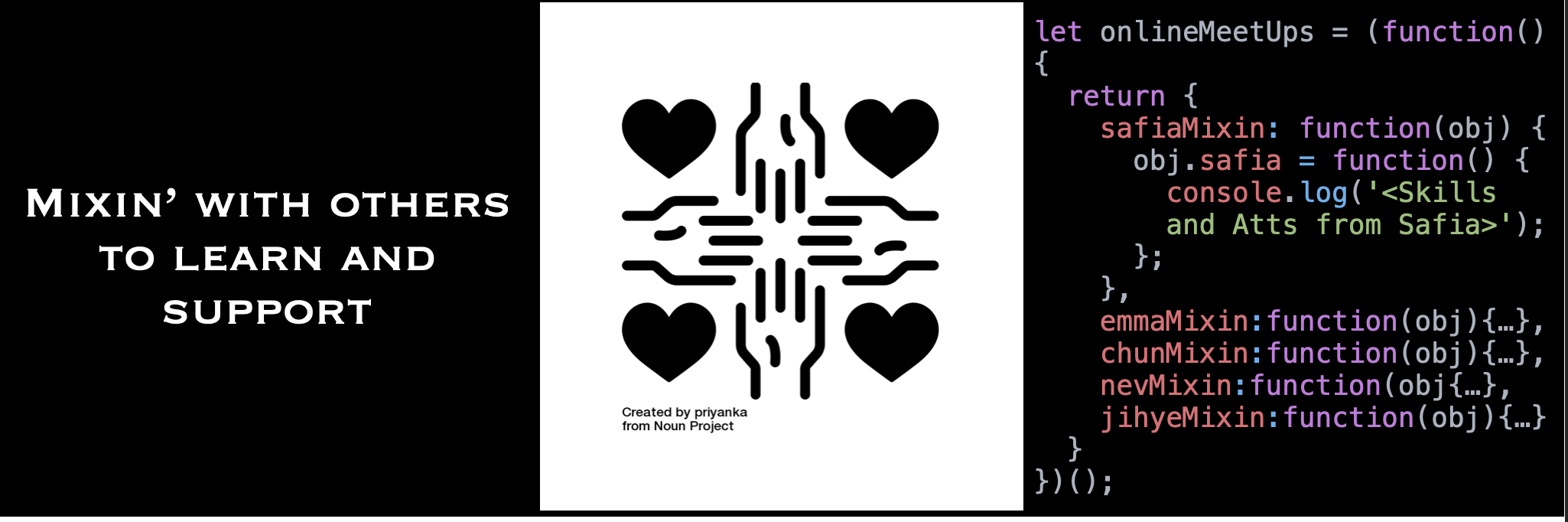 Text reading 'Mixin with others to learn and support'. Text also represented by an image and in code.