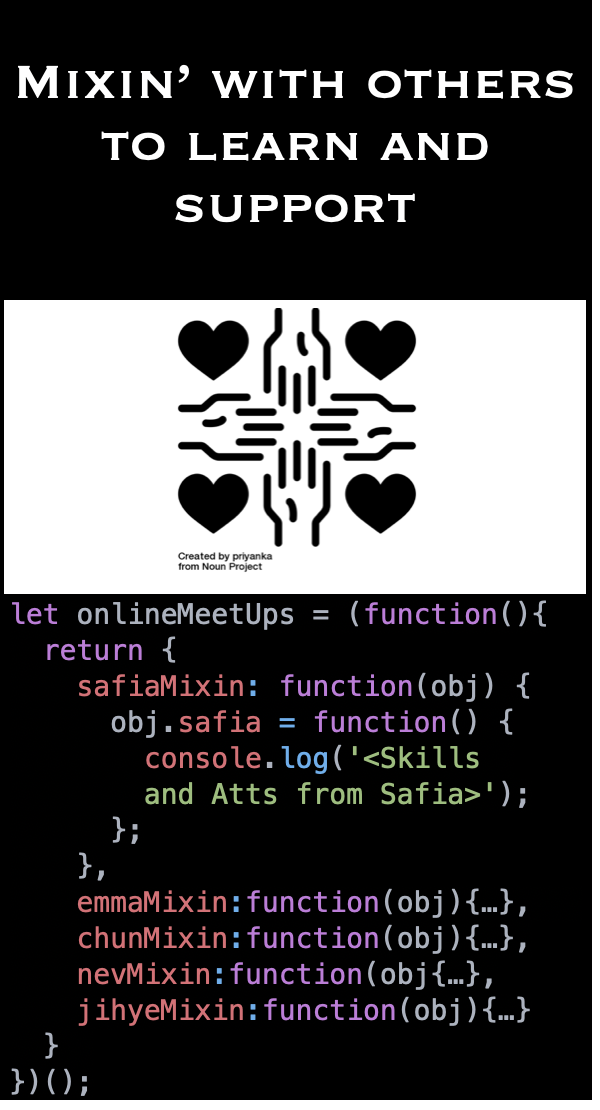 Text reading 'Mixin with others to learn and support'. Text also represented by an image and in code.
